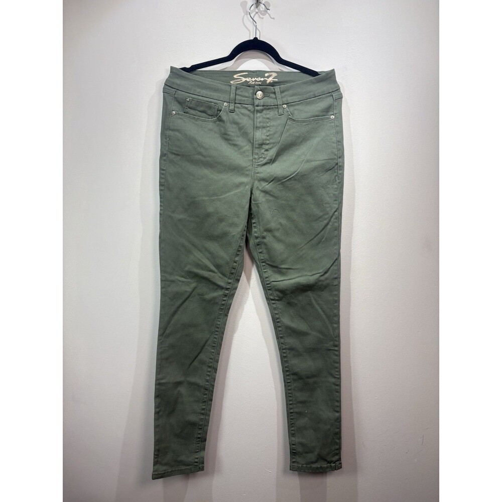 Seven7 Women’s High Rise Skinny Pants Green Solid Flat Front Button Zip